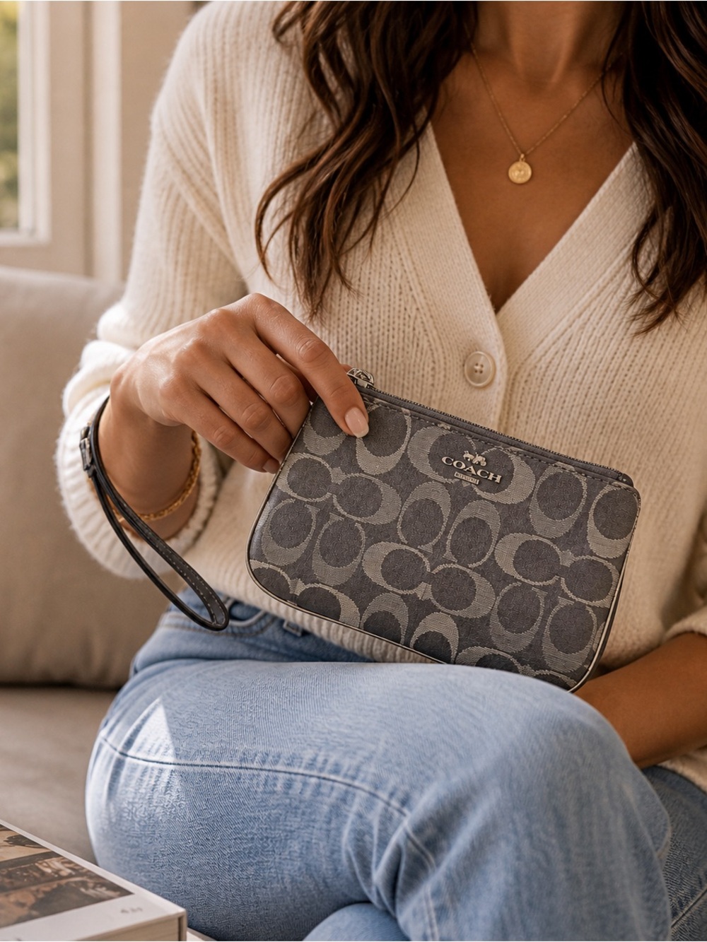 Coach Signature Gray Wristlet ✨ Silver Hardware Mini Clutch NWT